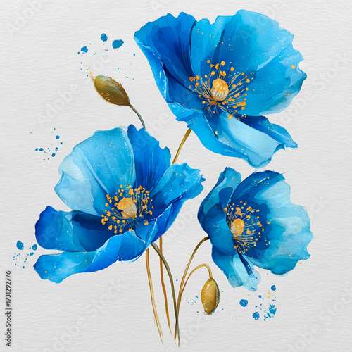 Beautiful Blue Poppy Flowers Botanical Design