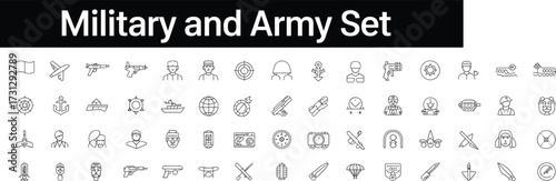 Military and army icon set including soldiers, tanks, aircraft, ships, weapons, medals, gear, communication devices, and tactical equipment in minimal line style.