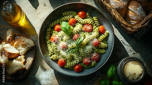 Overhead shot of Italian pasta dish, fusilli coated in bright green pesto, juicy cherry tomatoes, parmesan shavings, and fresh basil,
