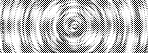 Black halftone concentric circle texture. Dots radial gradient background. Rippled repeating sound wave ring wallpaper. Vector rasterized backdrop for epicenter, target, radar signal, vibration