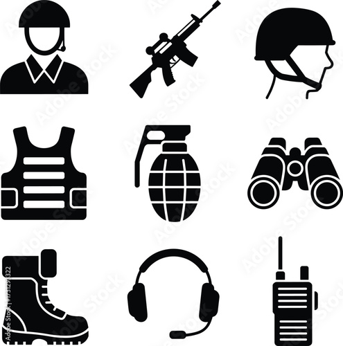Military equipment icon set showing soldier helmet, rifle, vest, grenade, binoculars, boots, headset, and radio for war, army, and defense design