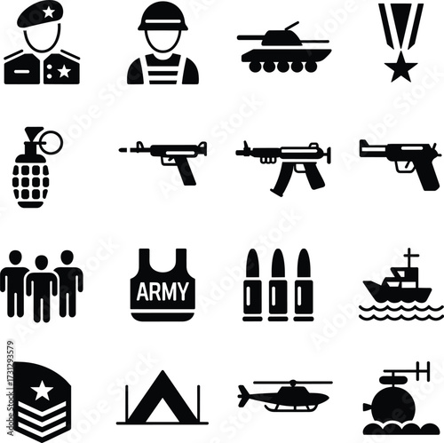 Military icons collection featuring soldiers, tank, helicopter, weapons, ammunition, grenade, army vest, warship, and military badge symbols in black silhouette style