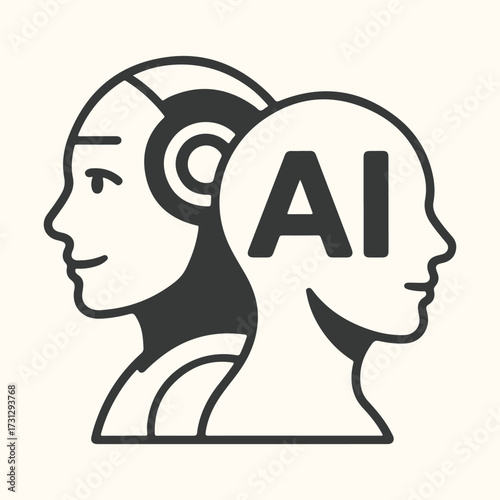 Art of the duality of artificial intelligence and human consciousness, represented by a robot head merging with a human head, symbolizing the future of ai and its integration into society