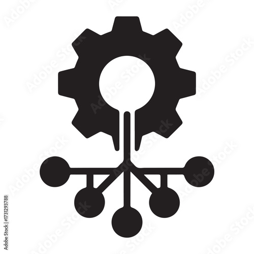 Minimalist black and white gear icon connected to network structure representing digital engineering and process management