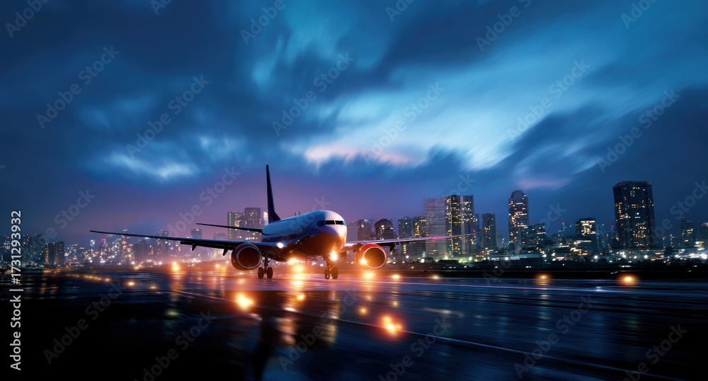Fototapeta premium Jet airplane on runway at night, glowing city lights