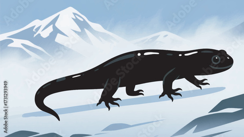 Illustration Of A Black Alpine Salamander Walking On A High Plateau In The Alps With Cold Fog Vector Design Template