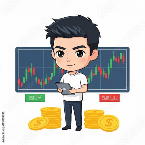 Charming cartoon investor analyzing stock market trends on a tablet, demonstrating active participation in online financial trading and wealth growth, surrounded by profit symbols
