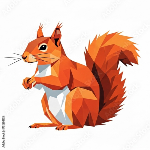 Geometric low-poly illustration of a playful orange squirrel with a bushy tail, rendered in a modern, stylized art style, perfect for digital design and creative projects