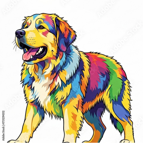 Vibrant and joyful illustration of a multi-colored dog, a stunning piece of pop art showcasing a happy canine friend in a rainbow of hues
