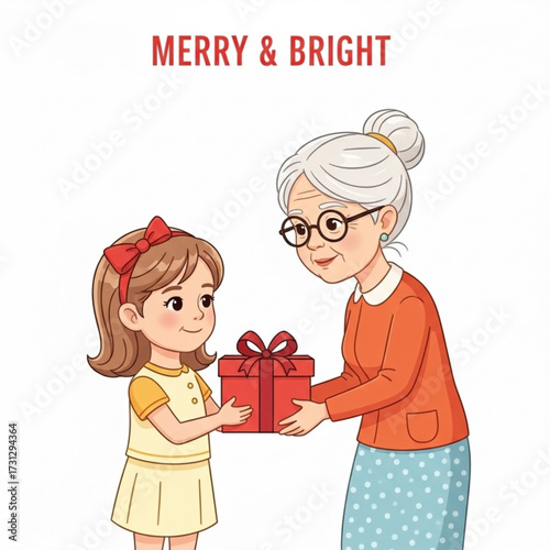 An adorable child shares a special moment by giving a red gift box to her beloved grandmother, a sweet cartoon scene of holiday generosity