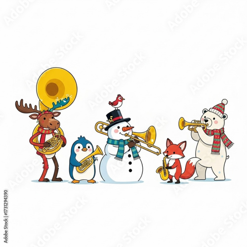 Cheerful winter wonderland band featuring a moose, penguin, snowman, fox, and polar bear playing instruments for a festive celebration, spreading holiday joy with their brass ensemble