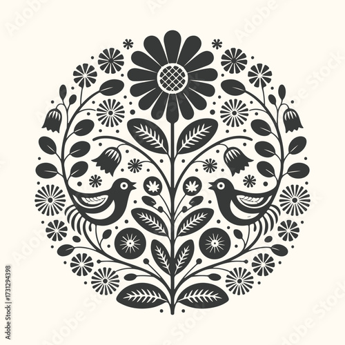 Art of a charming folk art circular design featuring a central flower with radiating leaves and two stylized birds, creating a symmetrical and decorative motif