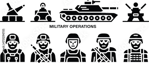 Military operations icons set with soldiers, tanks, artillery, armored vehicles, combat gear, helmets, rifles, defense equipment, and war strategy symbols vector illustration