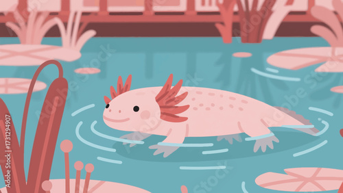 Illustration Of An Axolotl Swimming In A Lake Full Of Aquatic Plants Vector Design Template