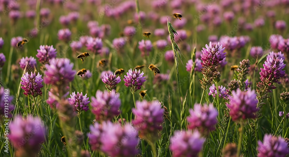 Obraz premium Field of purple clover blossoms with flying bees under warm sunlight