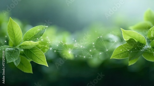 Lush Green Leaves Illuminated With Sparkling Particles On Blurred Background Suggesting Nature's Vitality and Digital Connectivity