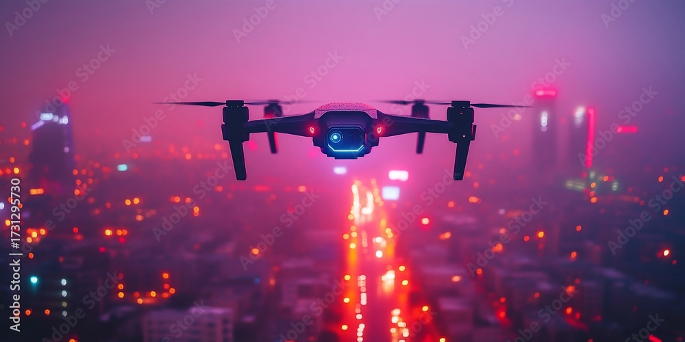Fototapeta premium Drone flight over city at night, aerial view