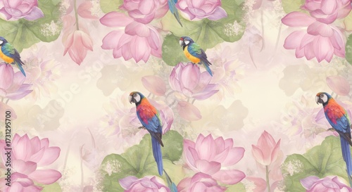 Watercolor Parrots and Lotus Flowers Seamless Pattern