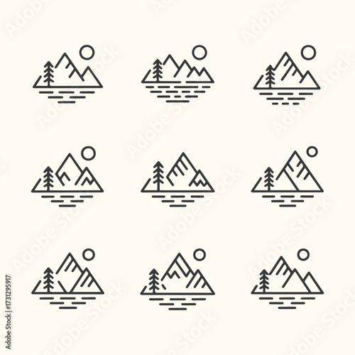Art of set of nine minimalist geometric mountain range icons with pine trees and sun, isolated on a light cream background, perfect for nature, adventure, and outdoor themes