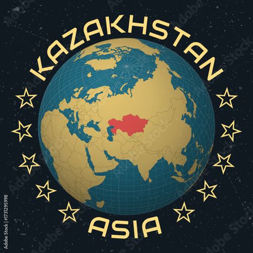 Republic of Kazakhstan on Globe. Country name round text. Vintage look with grunge scratched texture. Country view on world map in Sky Blue Light Yellow color palette. Kazakhstan shape on map.