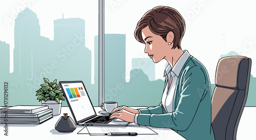 Young professional woman diligently working on her laptop in a modern office setting with city views