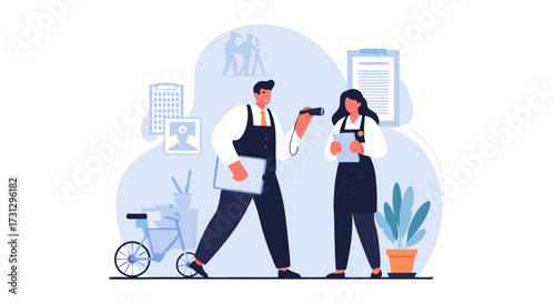 Two professionals in business attire discussing a document, with a bicycle, camera, and office supplies in the background, symbolizing collaboration and productivity