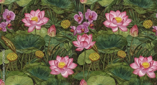 Watercolor Lotus Flowers and Orchids in Lush Greenery