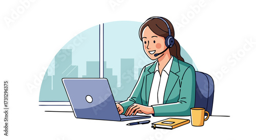 Customer service representative working on a laptop with a headset, providing assistance and support to clients, illustrating remote work and communication