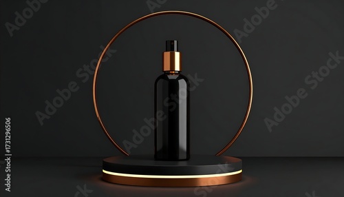 Dark cosmetic bottle on a podium with copper ring
