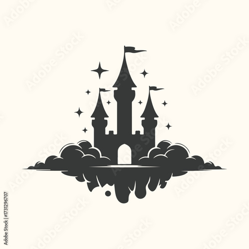 Vector art of silhouette of a magical fantasy castle floating on clouds with twinkling stars, representing dreams, imagination, and fairy tales, perfect for childrens stories and whimsical designs