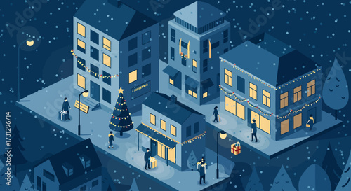 A tranquil flat design cityscape on Christmas Eve, showcasing modern buildings subtly decorated with festive lights under a gentle snowfall. 