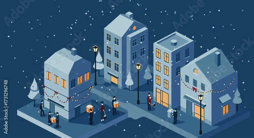 A tranquil flat design cityscape on Christmas Eve, showcasing modern buildings subtly decorated with festive lights under a gentle snowfall. 