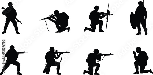 Silhouette of soldiers in different action poses with guns, rifles, shields, and tactical gear representing army combat, war, and battlefield operations.