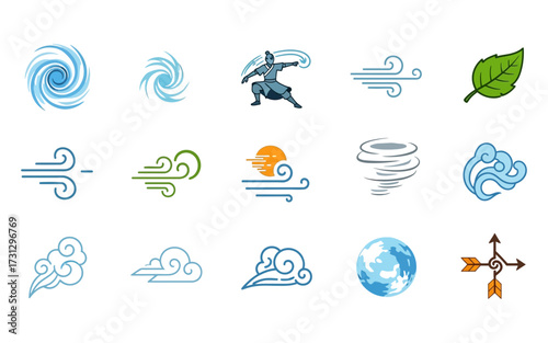 Illustration showcasing various wind symbols, a leaf, a globe, a character and a directional arrow design