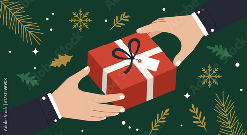 This flat design illustration captures the heartwarming moment of exchanging or opening a beautifully wrapped Christmas gift on Christmas Eve. 