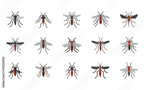 Collection of fifteen stylized mosquito illustrations with varying wing and body colorations on white
