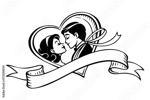 heart shape with loving couple and ribbon silhouette