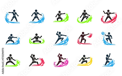 Collection of stylized icons depicting people performing actions with colorful swirling effects around them