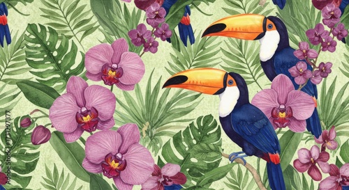 Watercolor Toucans, Orchids, and Tropical Leaves Pattern.