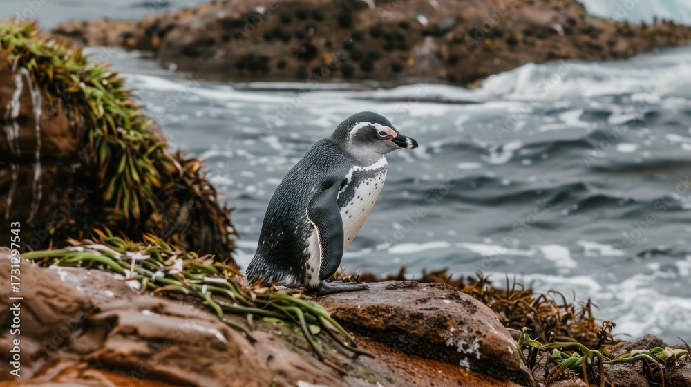 Fototapeta premium Penguin Chick Standing on Rocky Shoreline Near Ocean Waves in Natural Habitat