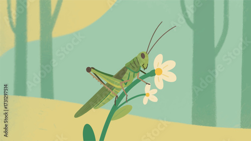 Illustration Of A Grasshopper Bearing Long, Slender Antennae Sitting On A Wildflower Stem In A European Forest Vector Design Template