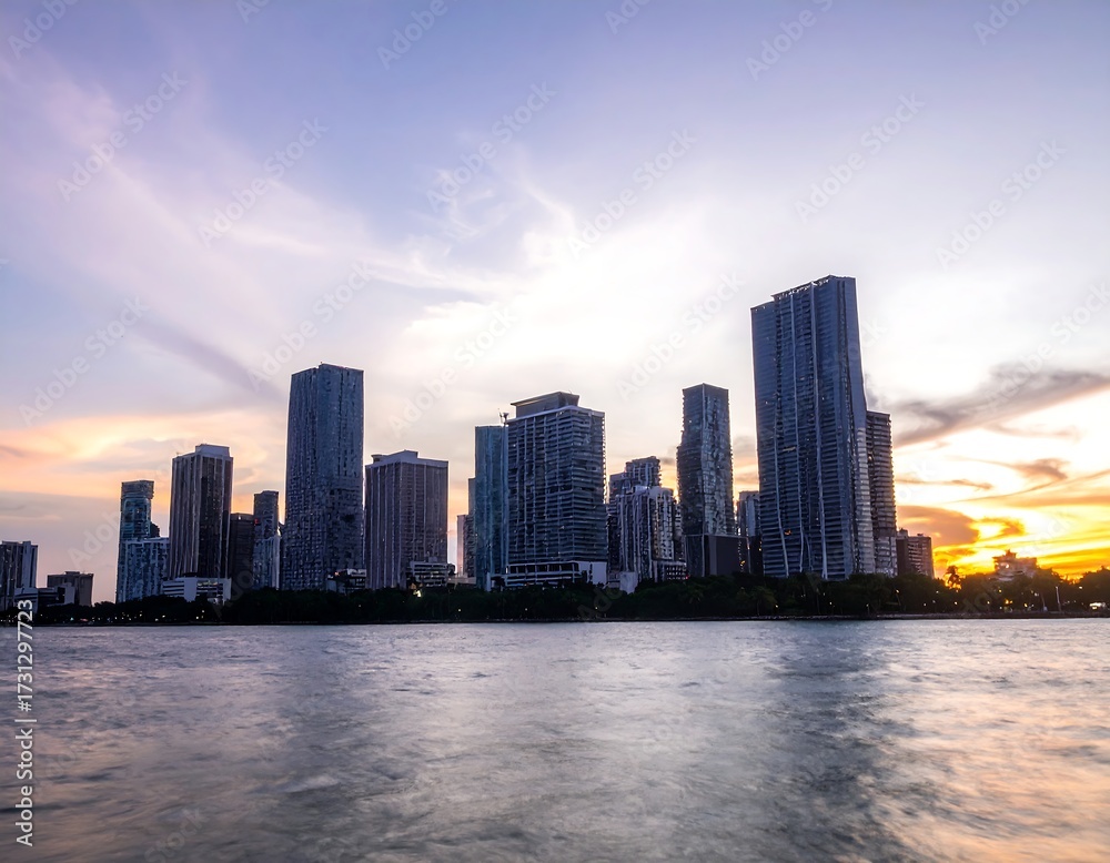 Obraz premium City skyline at sunset over water (2)