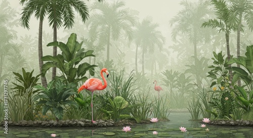 Tropical Flamingo Scene with Lush Greenery and Water.