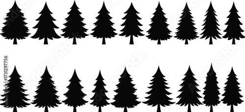 Silhouette pine trees forest pattern, black tree row design, nature background, evergreen woodland art, minimal landscape illustration, vector graphic