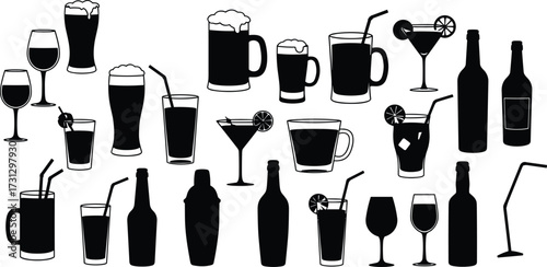 Silhouette vector set of cocktail glasses, wine glasses, beer mugs, liquor bottles, and drink icons with straws and lemon garnish isolated