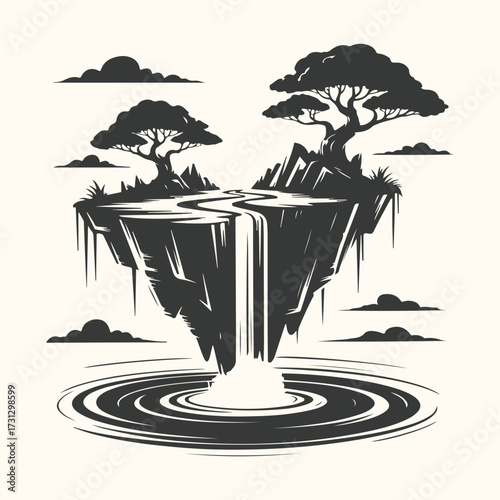 Vector art of a surreal illustration of a floating island with trees and a waterfall cascading into a circular pool below, set against a light background with stylized clouds
