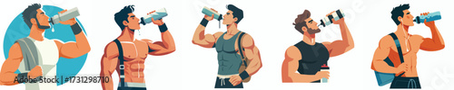 Fitness Man Drinking Water Vector Illustration Set
