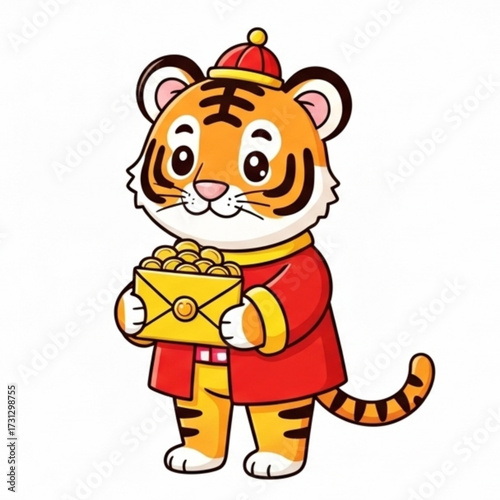 A cute cartoon tiger in a traditional Chinese costume celebrating the Lunar New Year with an envelope of gold coins for wealth and prosperity