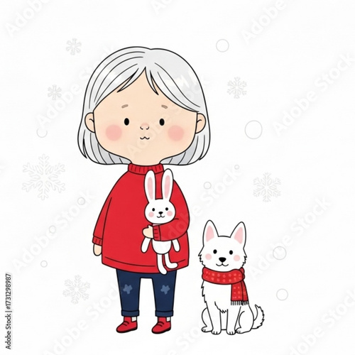 Cozy Winter A Girl, Her Dog, and a Plush Bunny on a Snowy Day