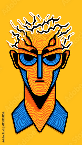 This vibrant abstract portrait features a stylized human face split into two contrasting color halves, with intricate swirled patterns adorning the hair and face. The left side of the face is dominate